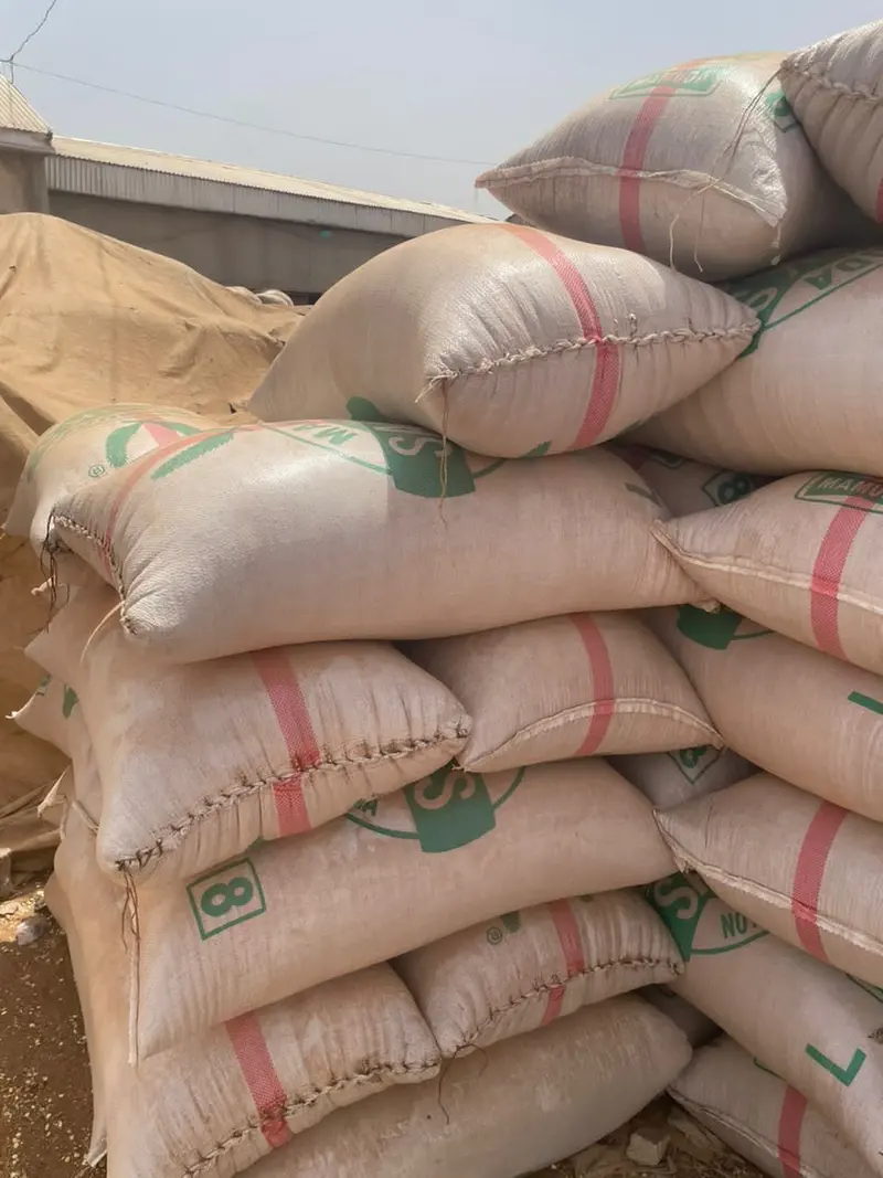 Woven produce sacks stacked in a store