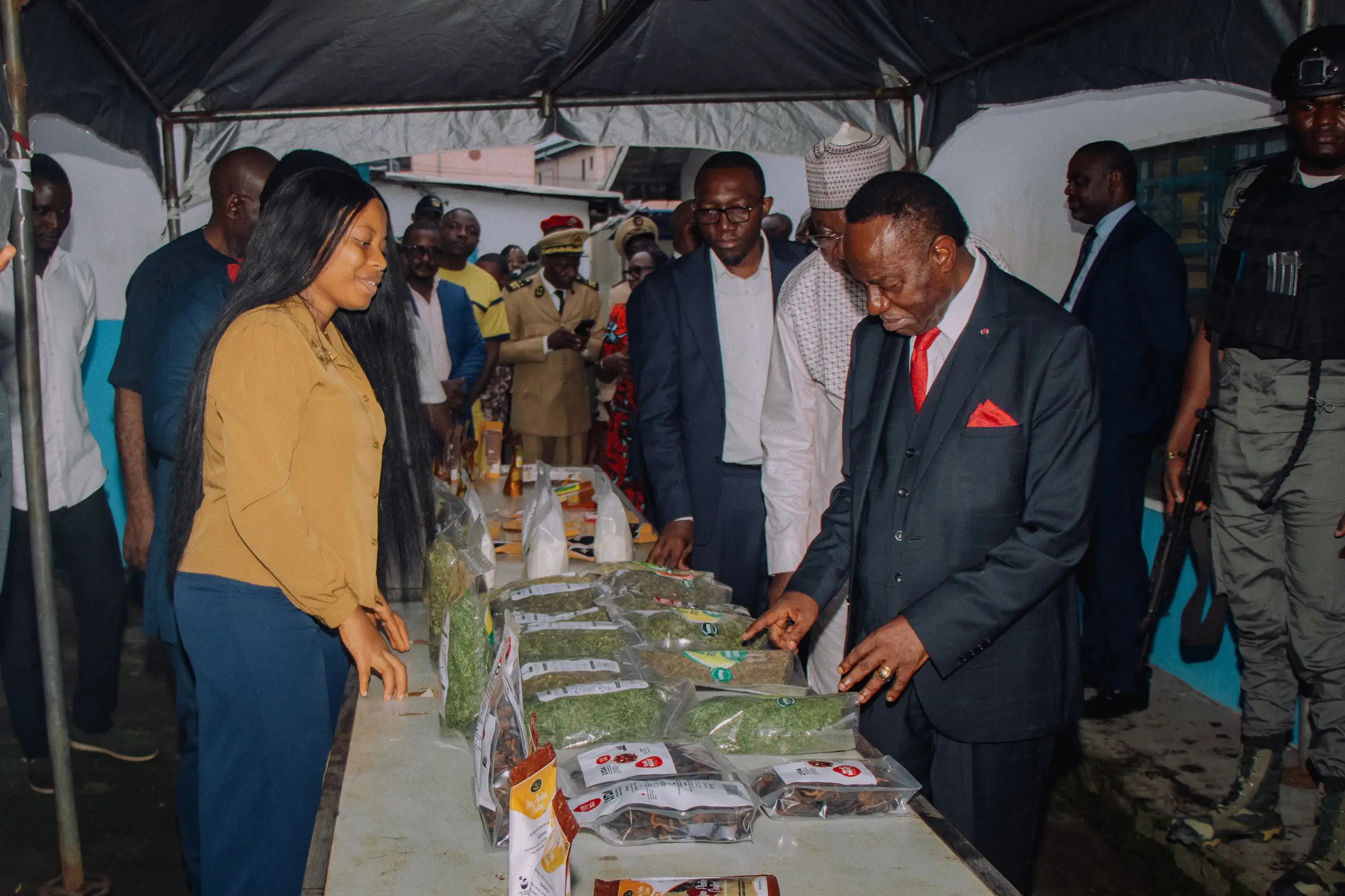 Guests look over a long table of Mumita vegetable and product packs